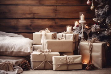 Wall Mural - collection of wrapped christmas gifts and presents with candles