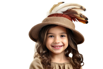 Poster - A charming image of a young girl wearing a hat adorned with feathers. Perfect for adding a touch of whimsy to any project or design.