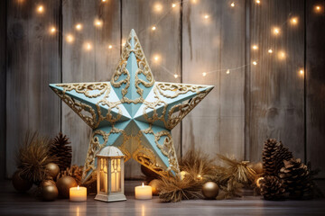 Wall Mural - gold christmas star on wooden table with candle