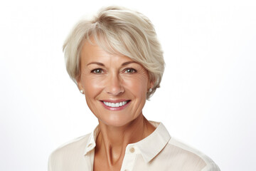 Aufkleber - A woman wearing a white shirt smiles directly at the camera. This image can be used to portray happiness, positivity, and confidence.