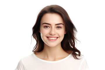 Wall Mural - A woman with long brown hair smiling at the camera. This picture can be used for various purposes.