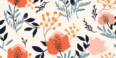 Wall Mural - Hand drawn flowers, seamless patterns with floral for fabric, textiles, clothing, wrapping paper, cover, banner, interior decor, abstract backgrounds