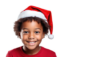 Poster - A charming little boy wearing a Santa hat and smiling. Perfect for holiday-themed designs and festive promotions.