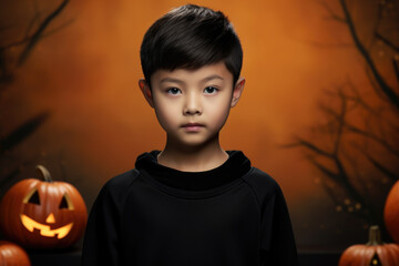 Wall Mural - A young boy standing in front of pumpkins. Perfect for autumn-themed projects and Halloween designs.