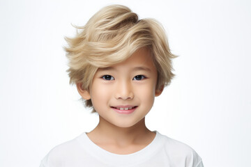 Poster - A young boy with blond hair wearing a white shirt. This image can be used for various purposes, such as in advertisements, educational materials, or family-themed designs.