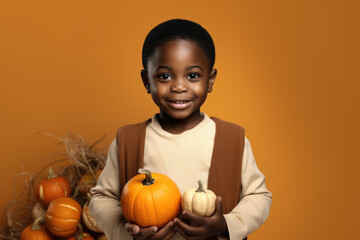 Wall Mural - A young boy stands proudly holding a pumpkin in front of a large pile of pumpkins. This image is perfect for Halloween-themed designs and autumn-related projects.