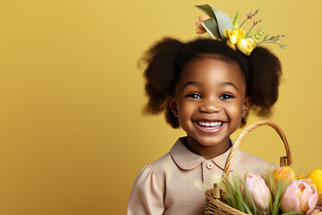 Poster - A charming image of a young girl holding a basket filled with beautiful flowers. Perfect for adding a touch of innocence and sweetness to any project. Ideal for use in advertisements, greeting cards, 