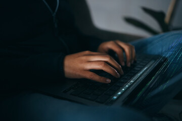 Leinwandbilder - Hacker, hands typing on laptop and information technology for coding and database with phishing and cyber crime. Cybersecurity, person programming or hacking, criminal with ransomware and firewall