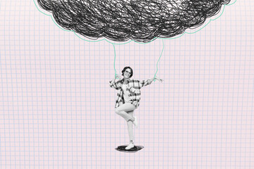 Poster - Collage portrait of excited funky mini black white effect girl arms tied string painted cloud dancing isolated on checkered copybook page background