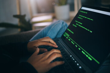 Poster - Developer hands, code overlay and laptop typing with cybersecurity, hacker and data analysis. Person, programmer and computer work with firewall system hacking and algorithm writing for malware