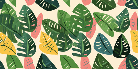 Wall Mural - Monstera leaf seamless pattern, hand drawn tropical botanical, spring and Summer time, green style, natural ornaments for textile, fabric