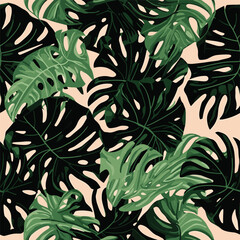 Naklejka na meble Monstera leaf seamless pattern, hand drawn tropical botanical, spring and Summer time, green style, natural ornaments for textile, fabric