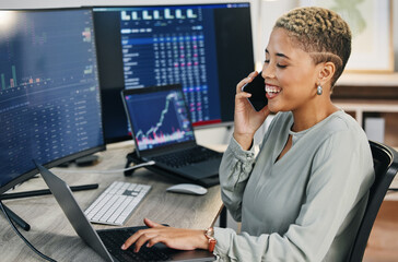Poster - Woman, phone call at computer and crypto trading with networking, investment and cyber stocks. Nft, financial management and broker with cellphone for advice on profit growth, market info and charts.