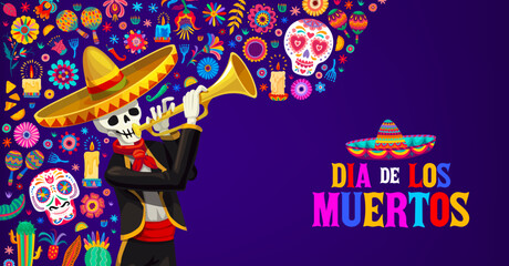 Wall Mural - Day of the dead dia de los muertos mexican holiday banner. Cartoon mariachi skeleton musician character playing on trumpet. Vector greetings with dead artist in traditional latino costume and sombrero