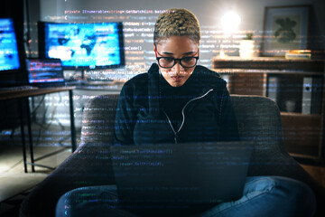 Leinwandbilder - Serious woman, code overlay and laptop typing with cybersecurity, hacker and software data analysis. Web, programmer and computer work with firewall system hacking and algorithm writing for malware