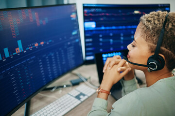 Poster - Woman, trading and phone call with computer screen, finance and advice, financial investment and communication. Headset, mic and callcenter with analytics, help desk agent with stock market stats