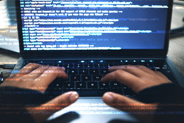 Poster - Hands, code overlay and laptop typing with cybersecurity, hacker and software data analysis. Person, programmer and computer work with firewall system hacking and algorithm writing for malware