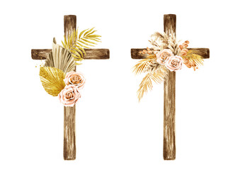 Wooden catholic cross decorated Boho flowers set,  Hand drawn watercolor illustration isolated on white background