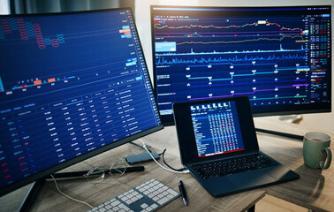 Poster - Computer screen, laptop and trading, workspace with financial dashboard, graph and chart information online. Stock market, statistics and investment, finance trade with fintech and data analytics