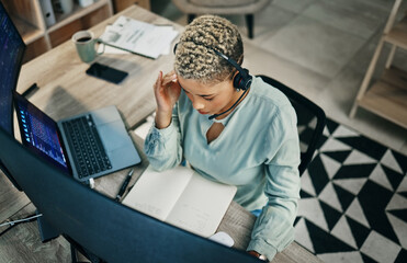 Aufkleber - Headache, call center and woman doing remote work with stress, fatigue and overworked in home office from above. Pain, tired and telemarketing employee with pressure for crisis, error or frustrated