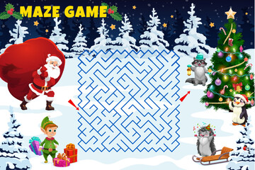 Poster - Christmas labyrinth maze help to Santa find a pine holiday tree. Kids vector board game worksheet with funny cartoon Noel with bag, elf, hedgehog or raccoon characters at winter forest children riddle
