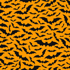 Wall Mural - Halloween bats cloud seamless pattern background for horror night holiday, cartoon vector. Halloween and trick or treat party decoration pattern with black bats silhouette on orange background