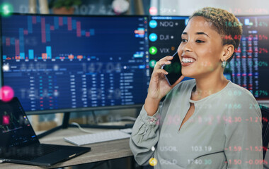 Poster - Woman, phone call with digital overlay and computer for crypto trading, networking and investment in cyber stocks. Nft, financial advisor or broker on cellphone for advice on profit, market and data.