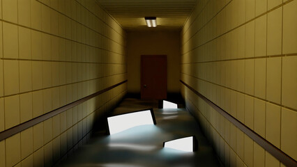 Poster - Flooded corridor. Design. Light animation with a flood and fallen lamps and chandeliers in the water.