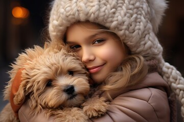 Canvas Print - a little girl hugs her first pet, autumn. winter mood. Cute puppy