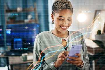 Poster - Stock market, overlay and business woman with phone and trading information for investor statistics. Female professional, mobile networking and finance work in a office with fintech app for crypto