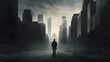 © CanvasPixelDreams - This image captures the essence of urban exploration, with a lone figure confidently walking down a straight, modern city street. Tall skyscrapers rise on either side.