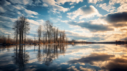 Wall Mural - winter landscape with clouds reflected in a lake