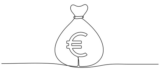Poster - Money bag continuous one line drawing. Business euro sign concept. Vector illustration isolated on white.