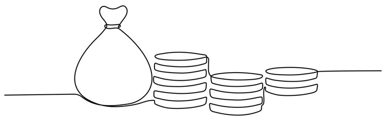 Poster - Money bag with coins stack continuous one line drawing. Business concept. Vector illustration isolated on white.