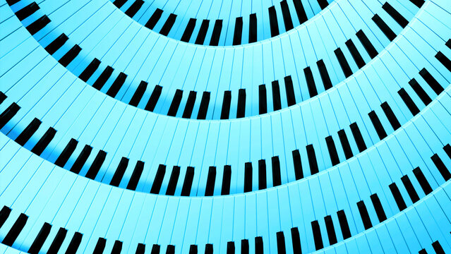 Blue and red rotating stripes. Design. A bright piano made in computer graphics with keys that rotate around.