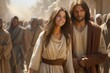 Jesus Christ travels with Mary Magdalene, distributing bread to the poor in need