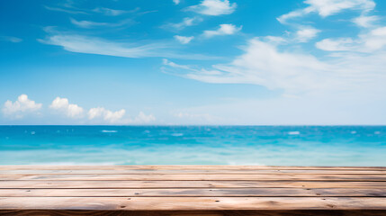 Wall Mural - Empty wooden table top with blur background of the beach, use for display product.
