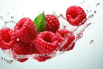 Raspberries in a splash of water on a white background