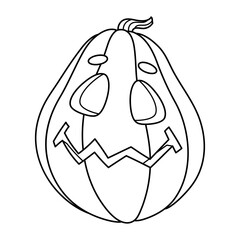 Wall Mural - Funny Halloween Jack Lantern pumpkin hand drawn illustration. Fictional spooky character with an emotional facial expression. Autumn holiday decoration. Isolated vector line icon.