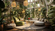 Greenhouse-inspired living room. Biophilic design. An oasis filled with tropical plants, blending the outdoors with indoor luxury