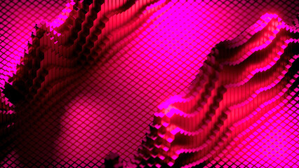 Poster - Bright pink rising squares. Design. Flying small pieces of geometric shapes made in cartoon animation.