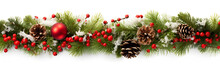 Christmas Garland Of Evergreen Tree Pine And  Holly Berries And Cones On Isolated White Background