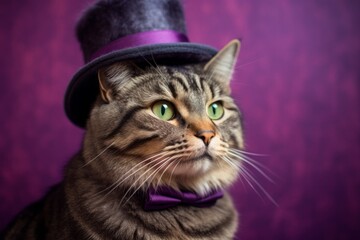 Canvas Print - american bobtail cat wearing a bowler hat against a vibrant purple background