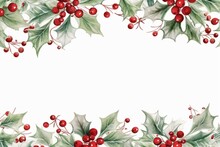 Watercolor Christmas Holly Frame With Berries And Christmas Flowers