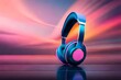 A headphone with a rainbow background and the word music on it, Dj headphones lit with neon colorful light