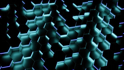 Poster - Cyber background with moving neon hexagons. Design. Cyber waves of neon hexagons on black background. Dark background with moving neon hexagons