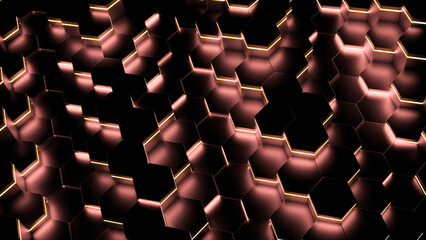 Poster - Neon hexagons move in waves on in dark. Design. Hexagons moving in waves with fluorescent illumination in dark. Neon black hexagons move in waves in background animation