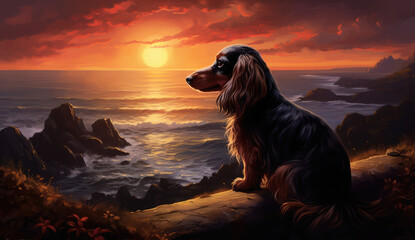 Wall Mural - Majestic Dachshund Enjoying a Serene Evening by the Ocean