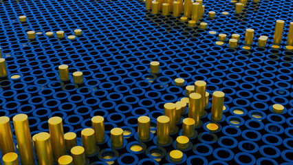 Poster - 3D animation with rising columns. Design. Columns rise from holes in field. Surface with holes and moving columns