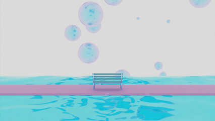 Poster - 3D animation with soap bubbles. Design. 3D space with bench and colored river on background of soap bubbles. Abstract space in animation style with bubbles